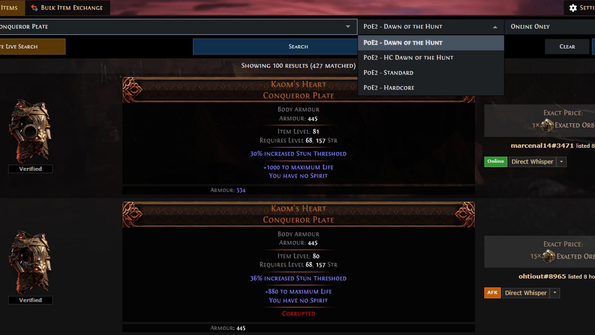 PoE 2 league selection on trading wesite (Image via Grinding Gear Games)